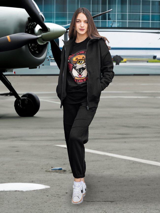 Women's tracksuit set with t-shirt oversize “Bober Flying School”, Black, 2XS, XS (99  cm)
