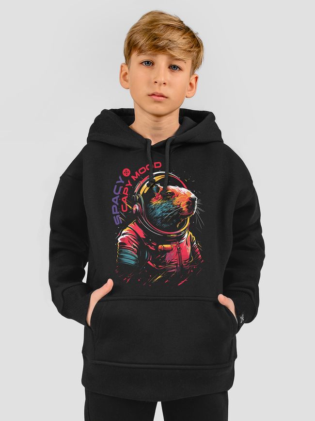 Kid's hoodie "Spacy Capy Mood (Capybara)", Black, XS (110-116 cm)